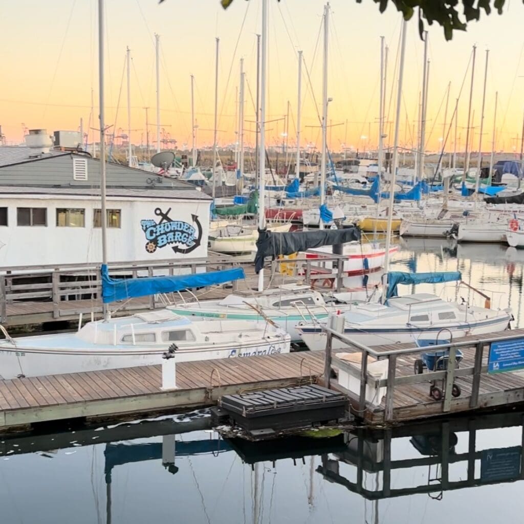 The Chowder Barge at sunset marina.